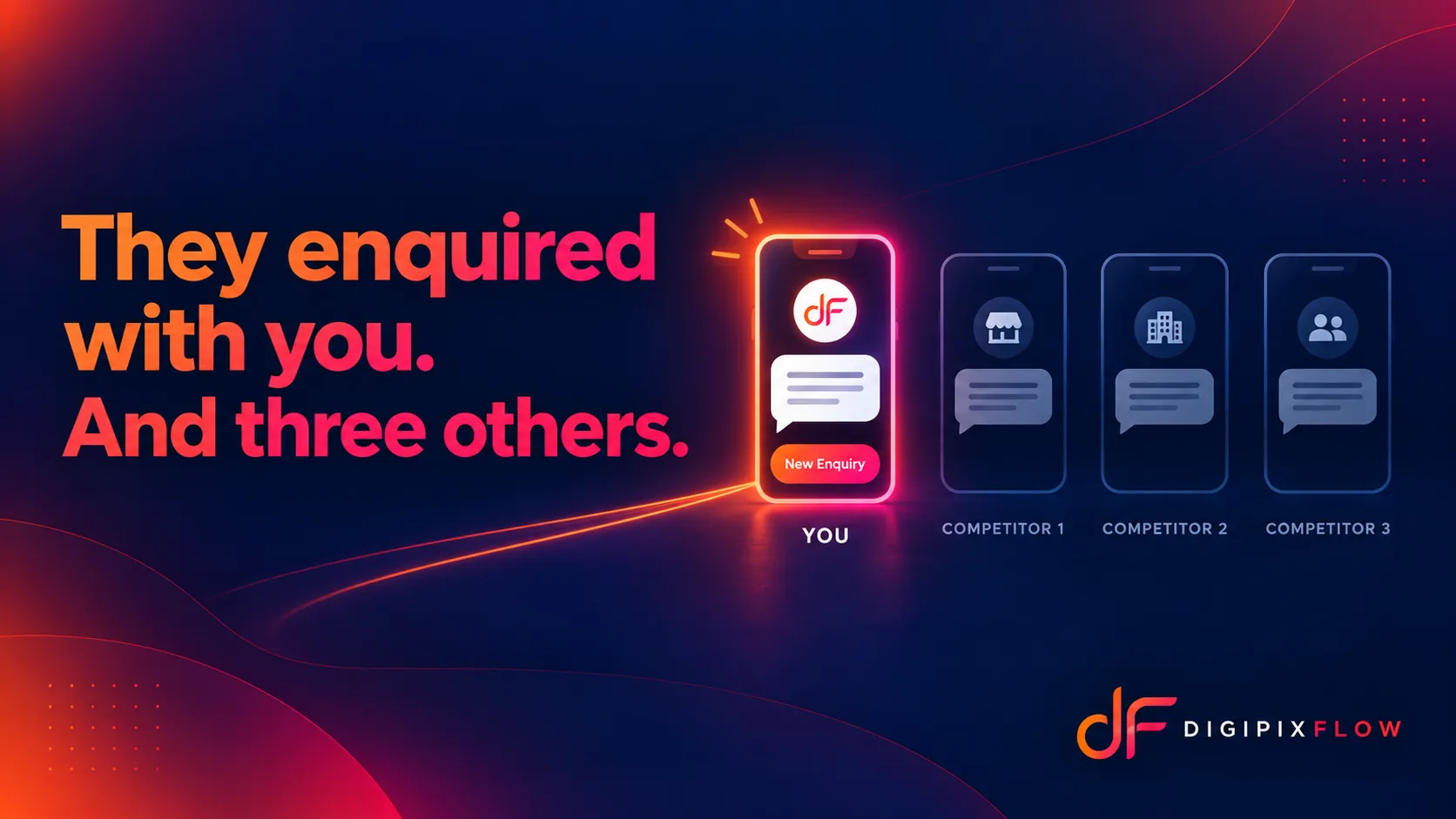 A glowing phone labelled 'You' receiving a new enquiry beside three dimmed competitor phones, with the headline 'They enquired with you. And three others.'