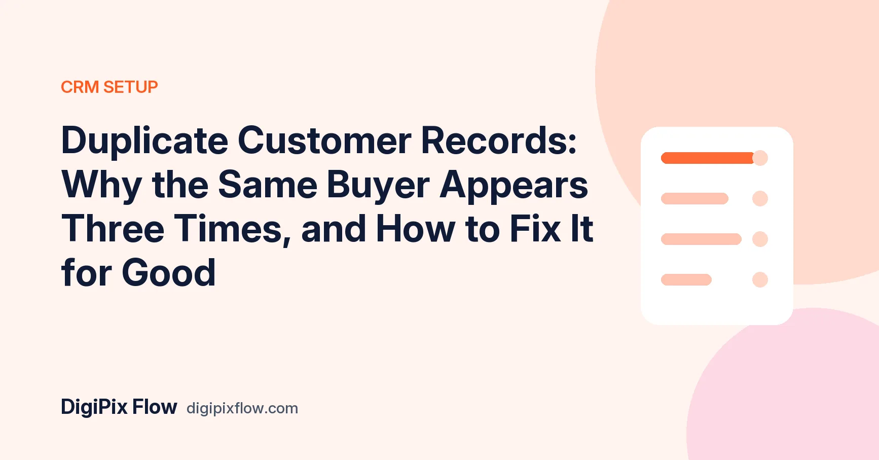 DigiPix Flow guide cover: the headline 'Duplicate Customer Records' in navy bold type on a soft orange background