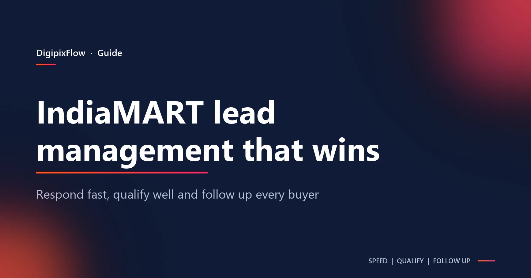 Navy DigiPix Flow guide cover with the white headline 'IndiaMART lead management that wins' above an orange-to-pink rule and the line 'Respond fast, qualify well and follow up every buyer'.